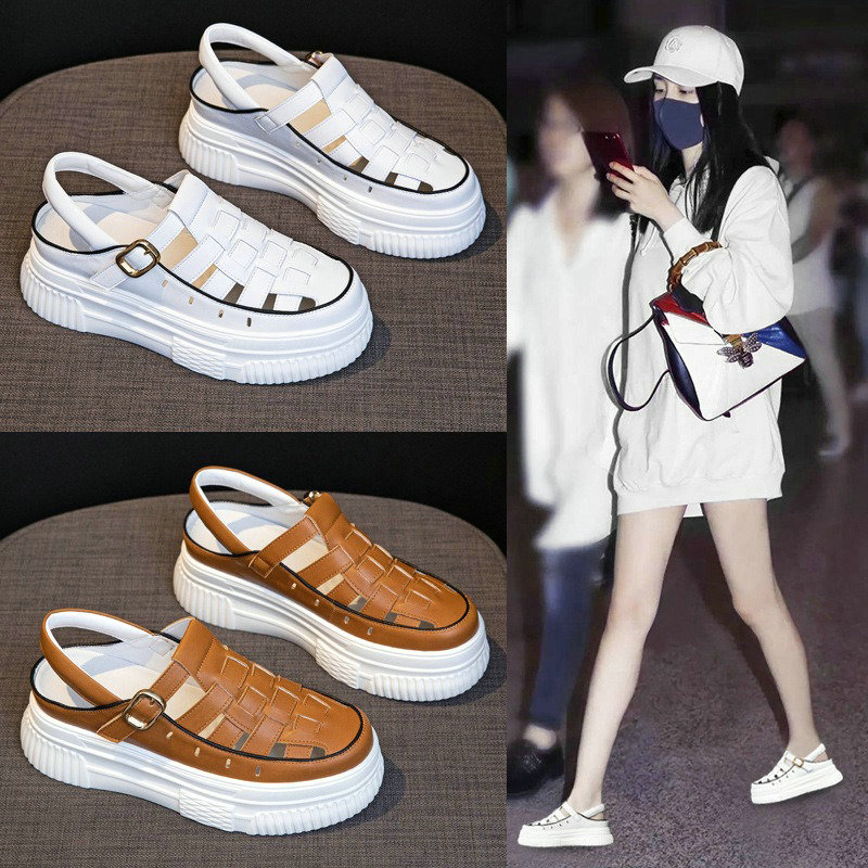 Inner Increasing Roman Sandals Female 2024 Summer New Woven Shoes Female Cowhide Leather Thick Sole Baotou Sandals
