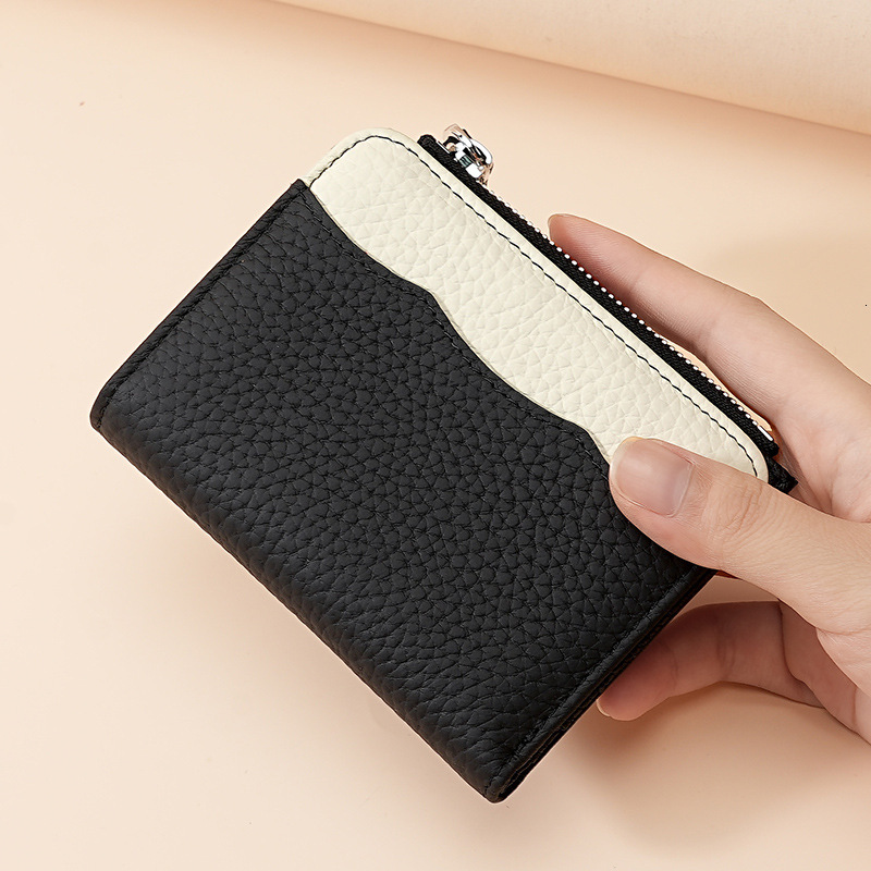New genuine leather women's with fashionable contrasting color head layer, cowhide zipper, zero wallet, RFID anti magnetic anti-theft brush walle
