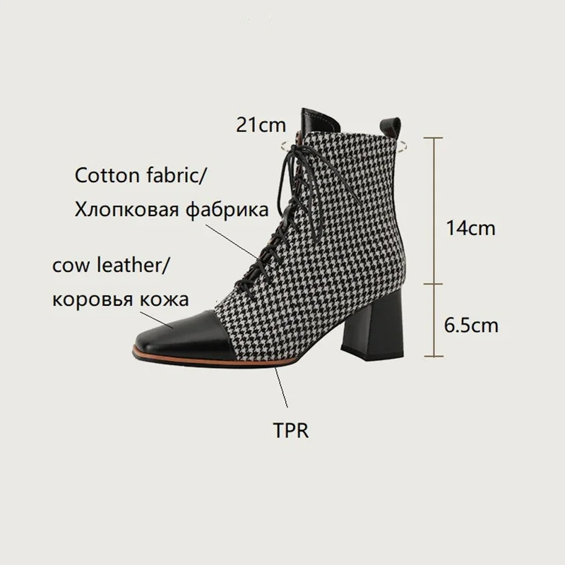 Fall New Shoes Cow leather Cotton Fabric Short Concise Round Toe Chunky Winter Lattice Modern Boots for Women 8c75