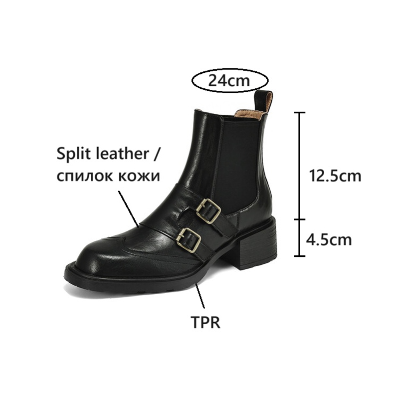 Autumn NEW Round Toe Chunky Heel Split Leather Shoes for Women Slip-on Ankle Belt Buckle Boots 579d