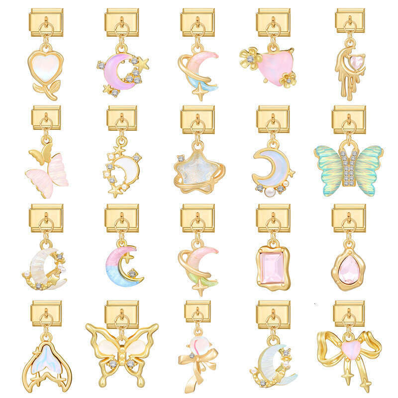 New Women's Gift Gold butterfly pink heart with CZ Pendant Italian Charms Links Bangle Beads Fit 9mm Stainless Steel Bracelet Making DIY For Wome