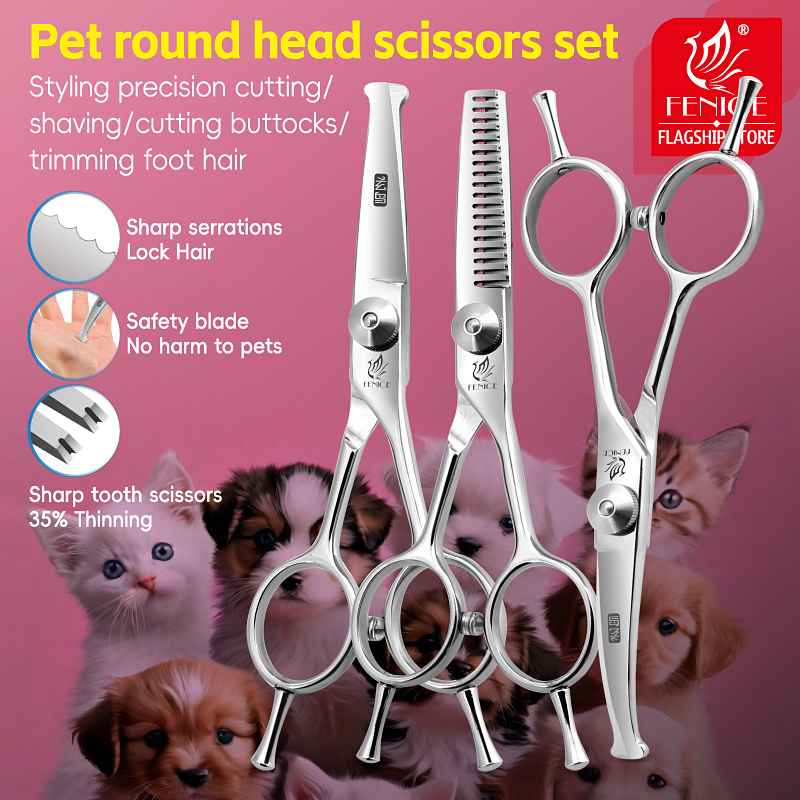 Fenice 4.75 Inch Safety Round Tip Pet Dog Cat Grooming Scissors Straight/Curved/Thinning Shears for Eyes/Face/Foot/Nose