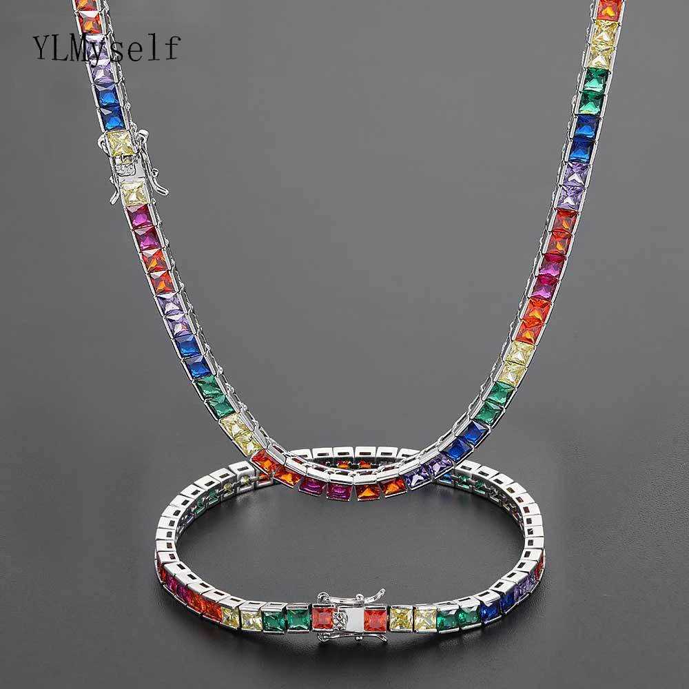 Pendant Necklaces 16-24 inch necklace and 7-9 inch bracelet mens/womens hip-hop jewelry 4mm square rainbow zircon tennis chain J240909