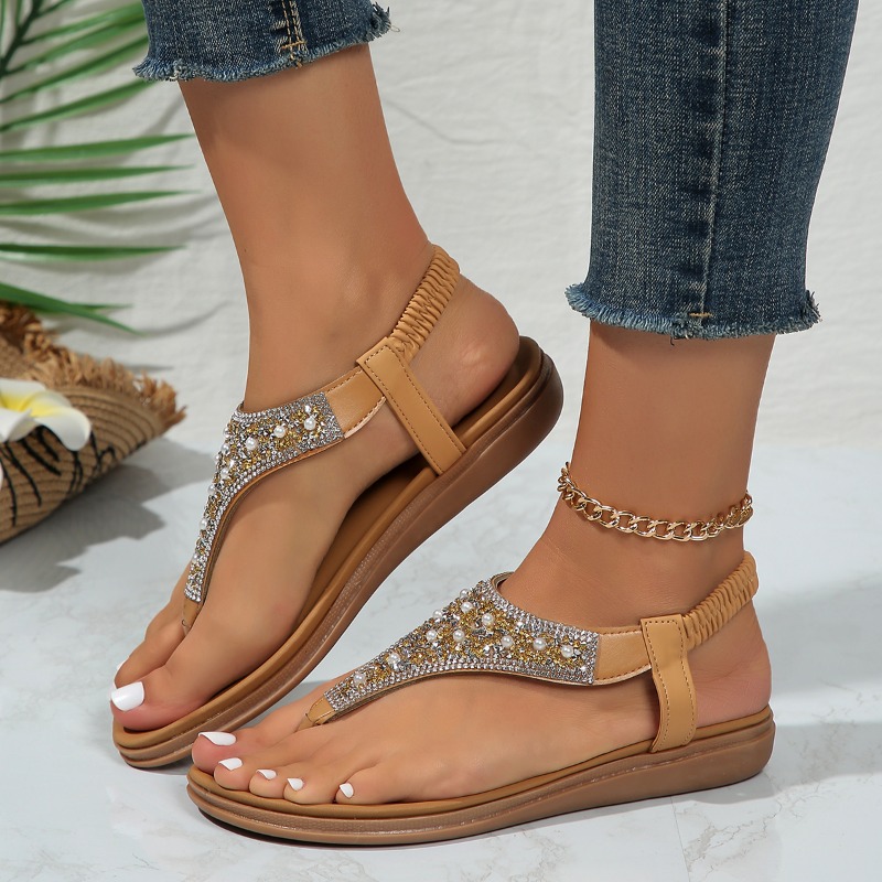 Summer New Flat Flat Pinch Toe Elastic Sequin Rhinestone Sandals Women's Fashion Casual Comfortable Women's Shoes Women Shoes