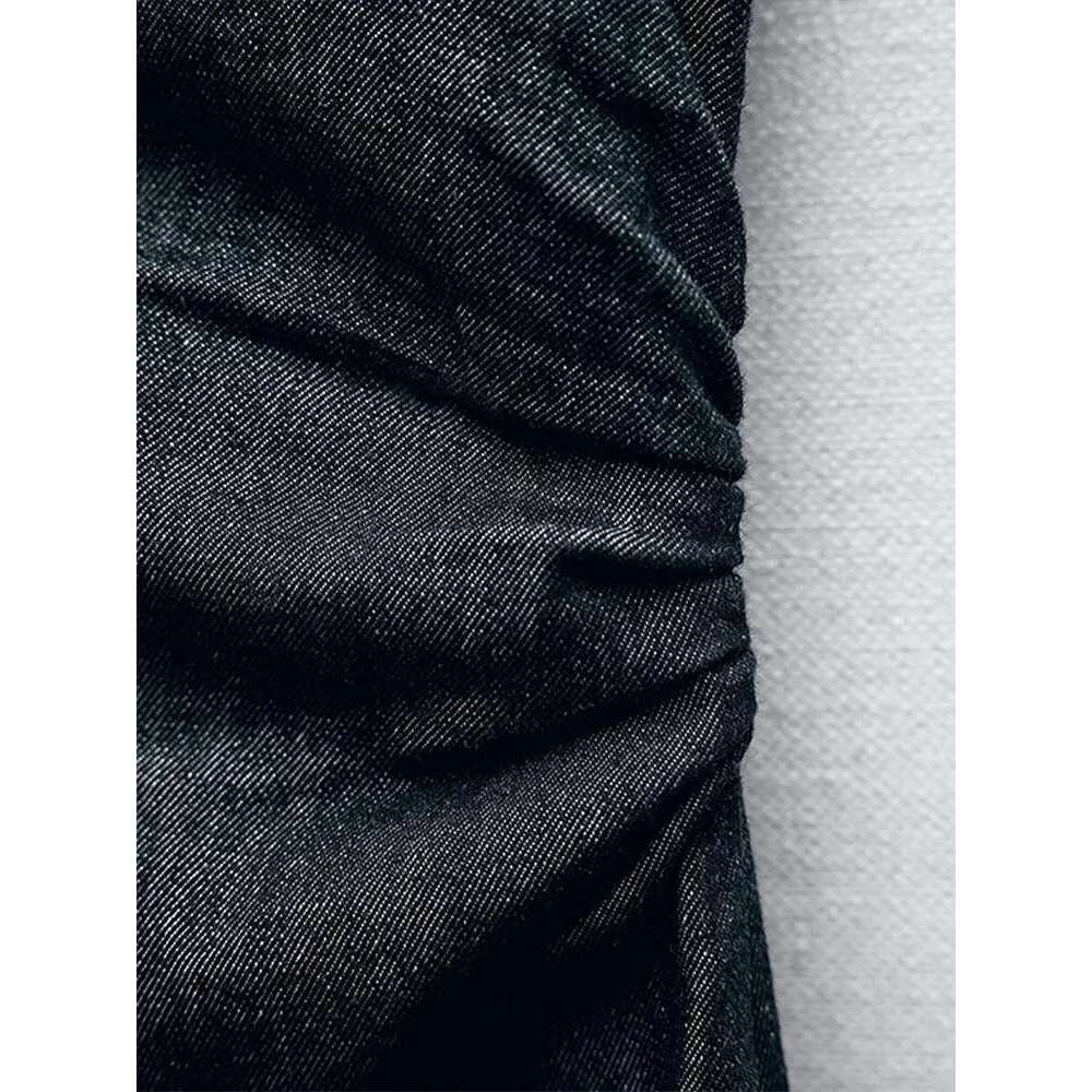 Women Elegant Metal Single Breasted Denim Dress Fashion Short Sleeves Pleated Slim Fits Dresses 2024 New Female Street Robes