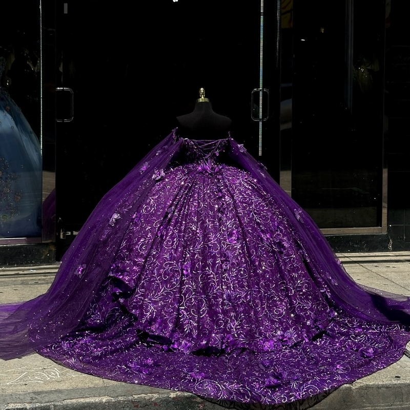 Purple Shiny Ball Gown Sweetheart Quinceanera Dresses With Cape Beaded Sequin Appliques Lace Tull Sweet 16 Dress Vestidos De 15