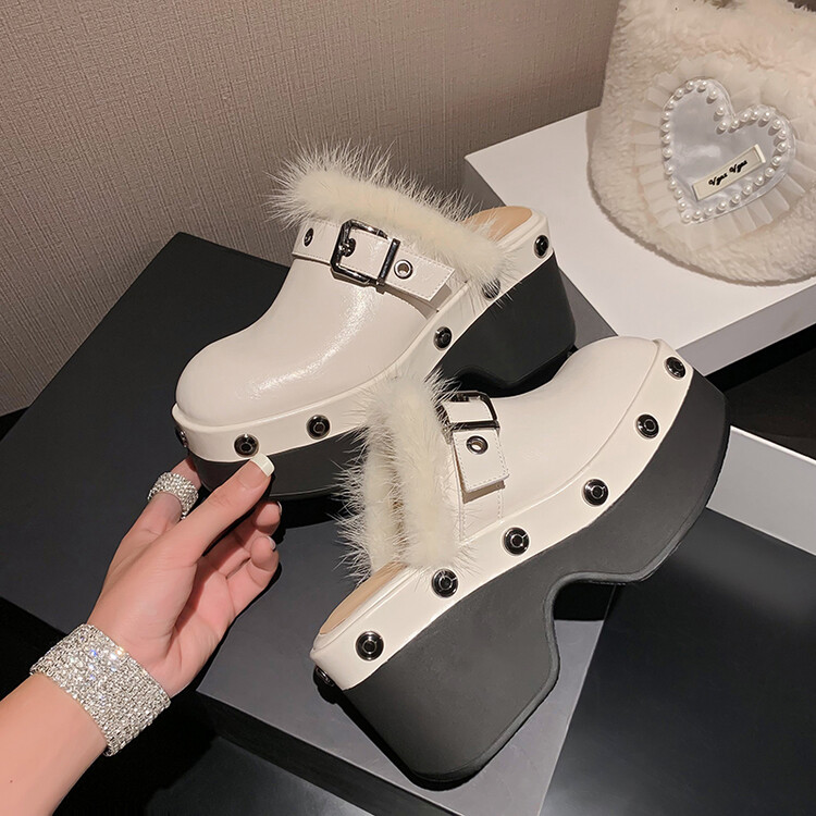 Style Punk Cowhide Rivet Metal Buckle Decorative Slippers 2023 New Women's Fashion Waterproof Platform 8cm Thick Heel Sandals 487e
