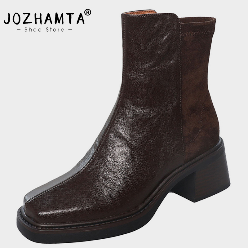 JOZHAMTA Size 33-40 Women Ankle Boots Genuine Leather Chunky Block High Heels Shoes Fall Winter 2025 Motorcycle Booties