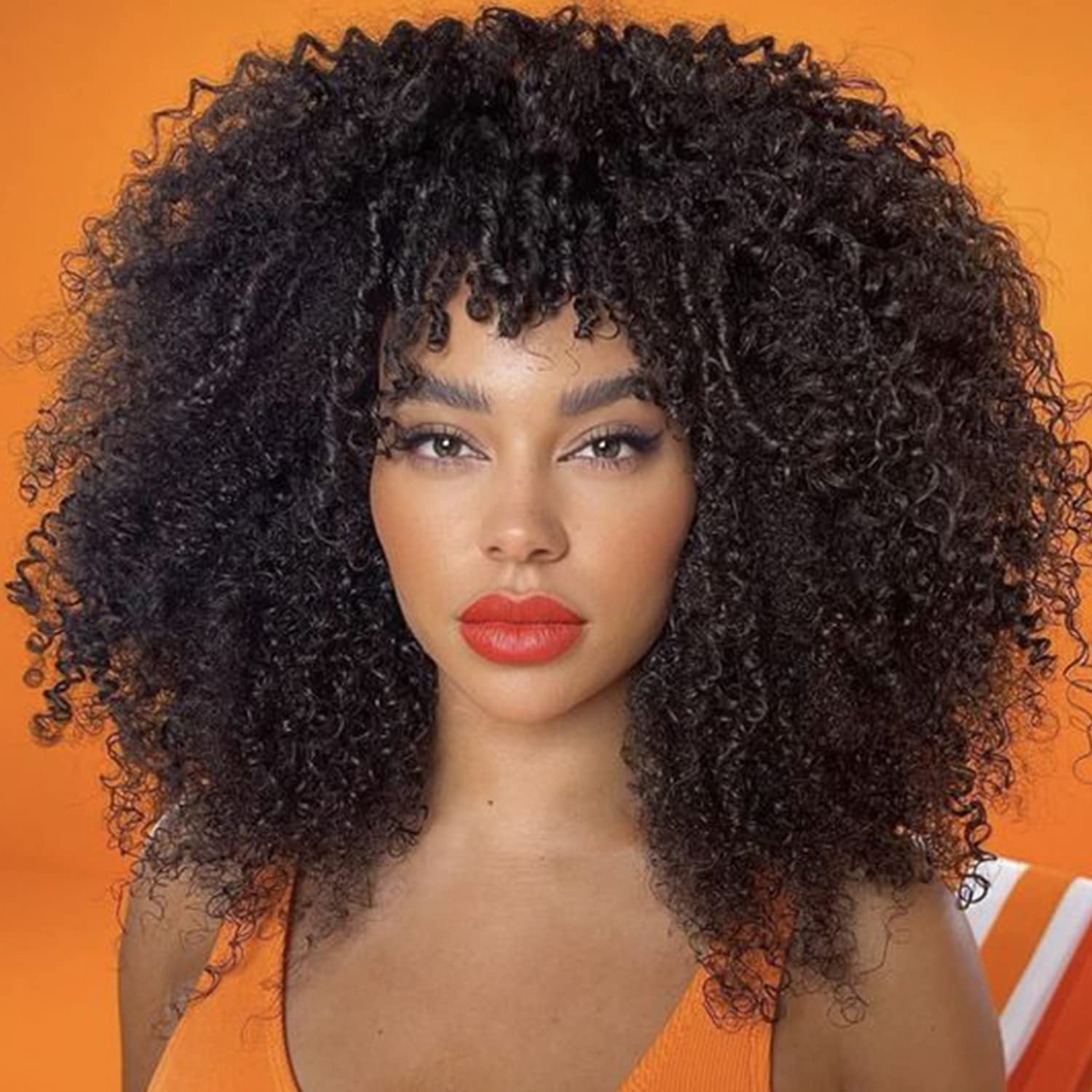 Afro Kinky Curly Wigs for Black Women Short Curly Wig with Bangs Curly Bob 14 Inch Natural Looking human Natural Black Full Wig