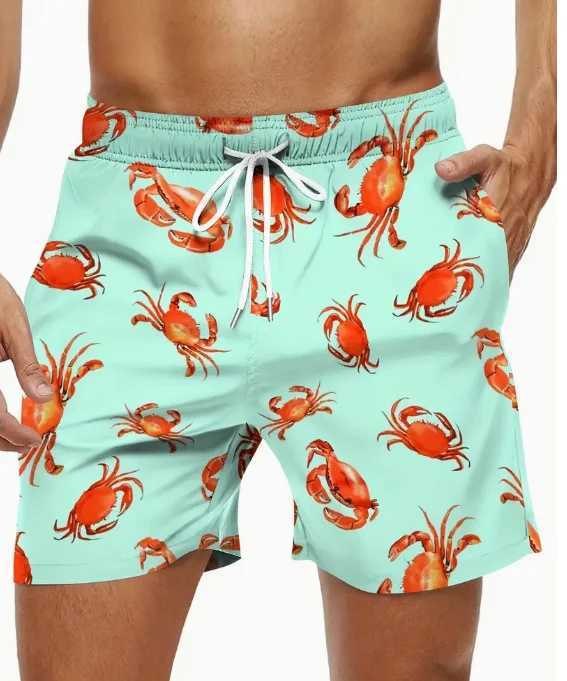 Summer Beach Mens Trendy Hawaiian Graphic Shorts With Drawstring And Fancy Crab Print For Pool And Resort Casual Comfort Shorts Y240914