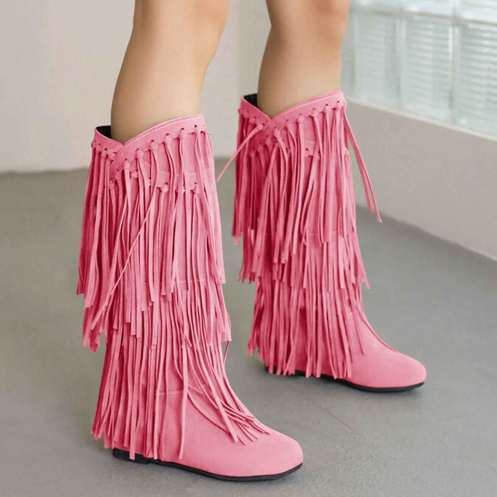 Womens Fringe Winter Western Round Toe Flats Suede Solid Cool Internal Elevation Boots Dr Daily Shoes 240911