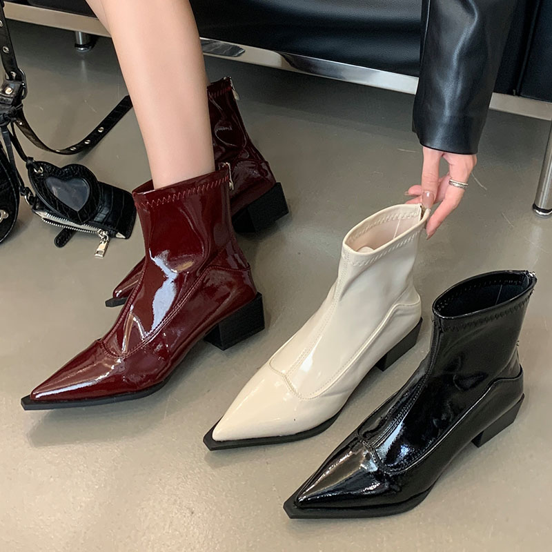 Red Fashion Women Ankle Stretch Boots 4.5cm Heel Shoes Pointed Toe Elastic Ladies Short Modern Booties Female Zippers Footwear