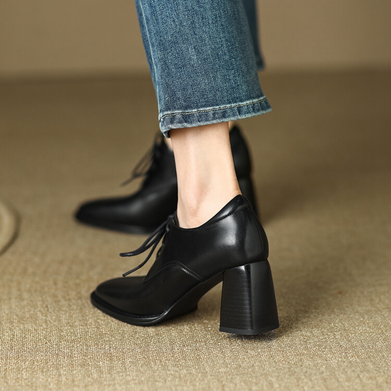 Spring/Autumn NEW Loafers Square Toe New High heels Split Leather Chunky Heel Pumps Women Plus Size Retro Lace Up Black Shoes 6906