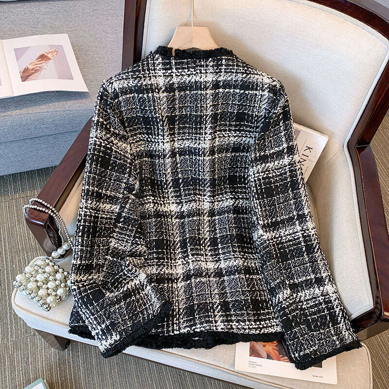 150Kg Plus Size Women's Bust 157 Autumn Winter Loose Small Fragrant Coat Thickened Thousand Bird Checker Top Black