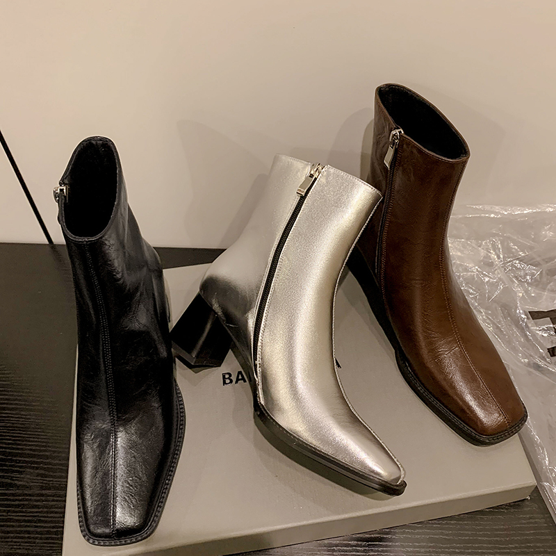 2025 new JOZHAMTA Size 33-40 Women Ankle Real Leather Block High Heels Shoes Fall Winter Booties Casual Motorcycle Boots