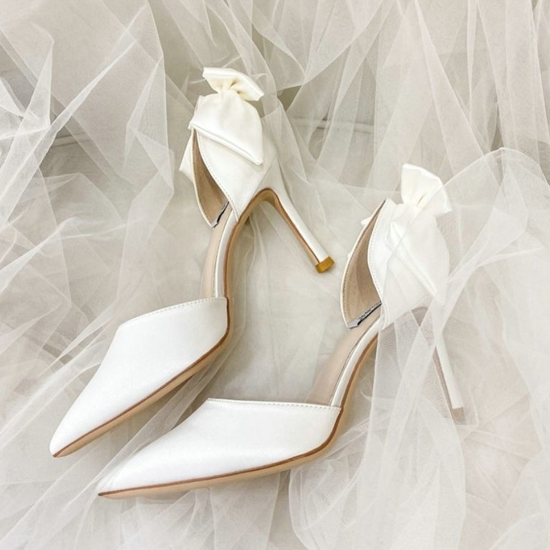 Bow 2024 Bridal Satin White Pearl Main Dress Heels Wedding Wear Hollow Shoes French fe75