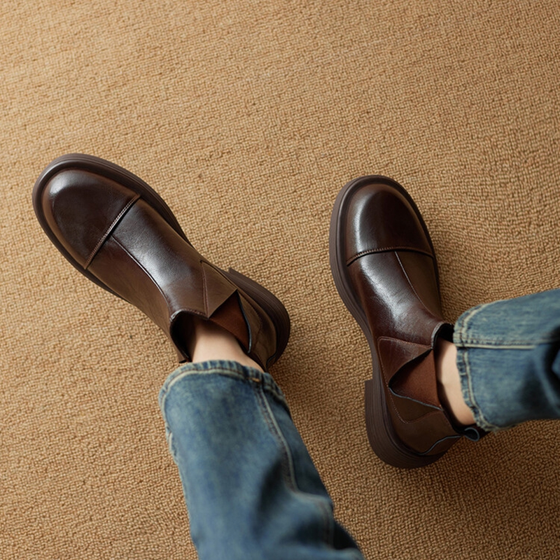 Autumn NEW Split Leather for Women Round Toe Chunky Heel Shoes Black Slip-on Ankle Casual Boots 42ff