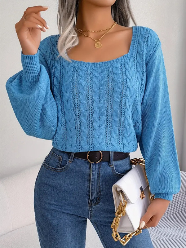 dongdumaoyi New autumn and winter square neck long sleeve pullover sweater solid casual Fried Dough Twists thread knit F0914#42