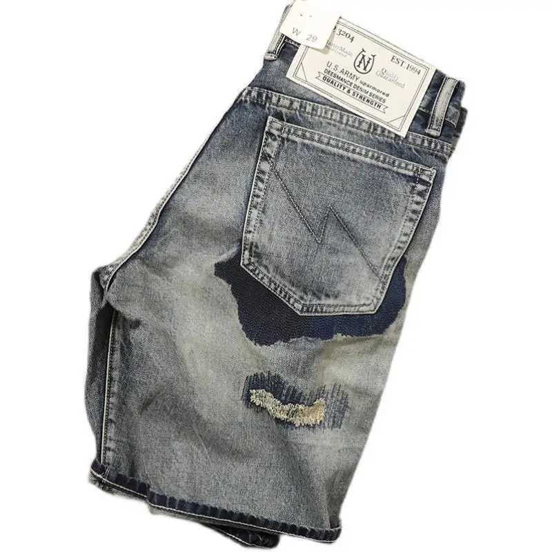 High Quality Luxury Clothes Vintage Patchwork Denim Shorts Mens Casual Knee Length Jeans Retro Washed Cotton Short Pants SummerX240914