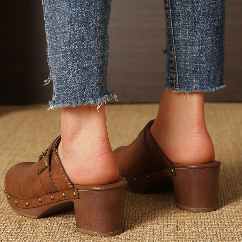 Brand New Dropship 2023 New Women Brown Buckle Decor Mules Chunky Heeled Elegant Pump Vintage Comfy Women Mules Sandals Shoes