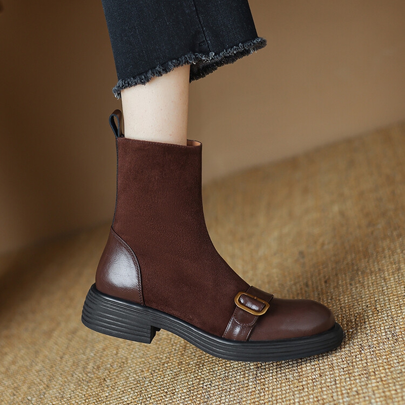 Autumn NEW Split for Women Round Toe Chunky Heel Shoes Zip Belt Buckle Sheep Suede Leather Boots 649f