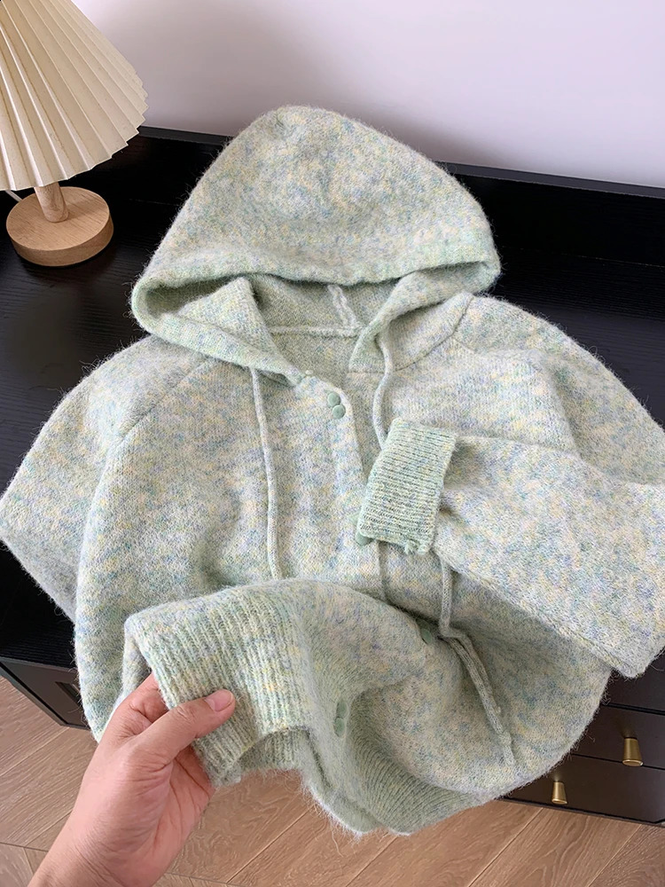 Korean Hooded Knitted Cardigan Women Autumn Winter Fashion Casual Loose Lazy Style Sweater Female Streetwear Coats 240904