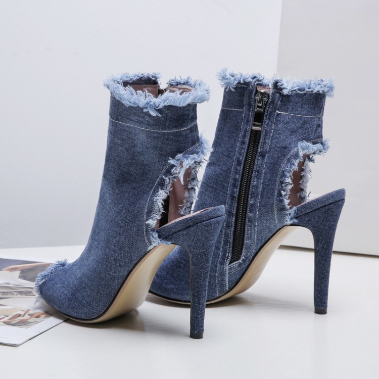 High Heels Women Sandal Summer 2024 Fashion Denim Peep Toe Size Zip Women's Sandal Lady Dress Party Shoes