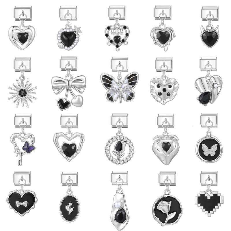 New Women's Gift black flower heart bow Pendant Italian Charms Links Bangle Beads Fit 9mm Stainless Steel Bracelet Making DIY For Women Fashion J