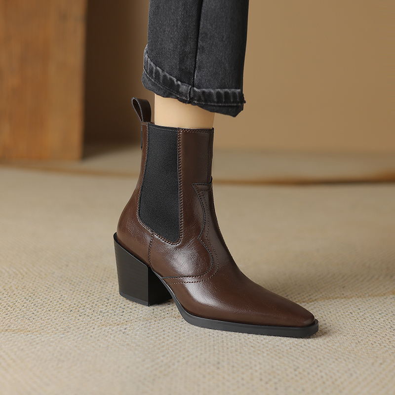 2024 Autumn Pointed Toe Chunky Heel Genuine Leather Women Shoes Short Modern Winter Boots ladies boots 7659