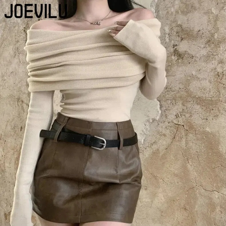 Off Shoulder Knitwear Jumper Korean Fashion Long Sleeve Top Ladies Chic Sweater Women Spring Sexy Skinny Bottoming Shirt 240911