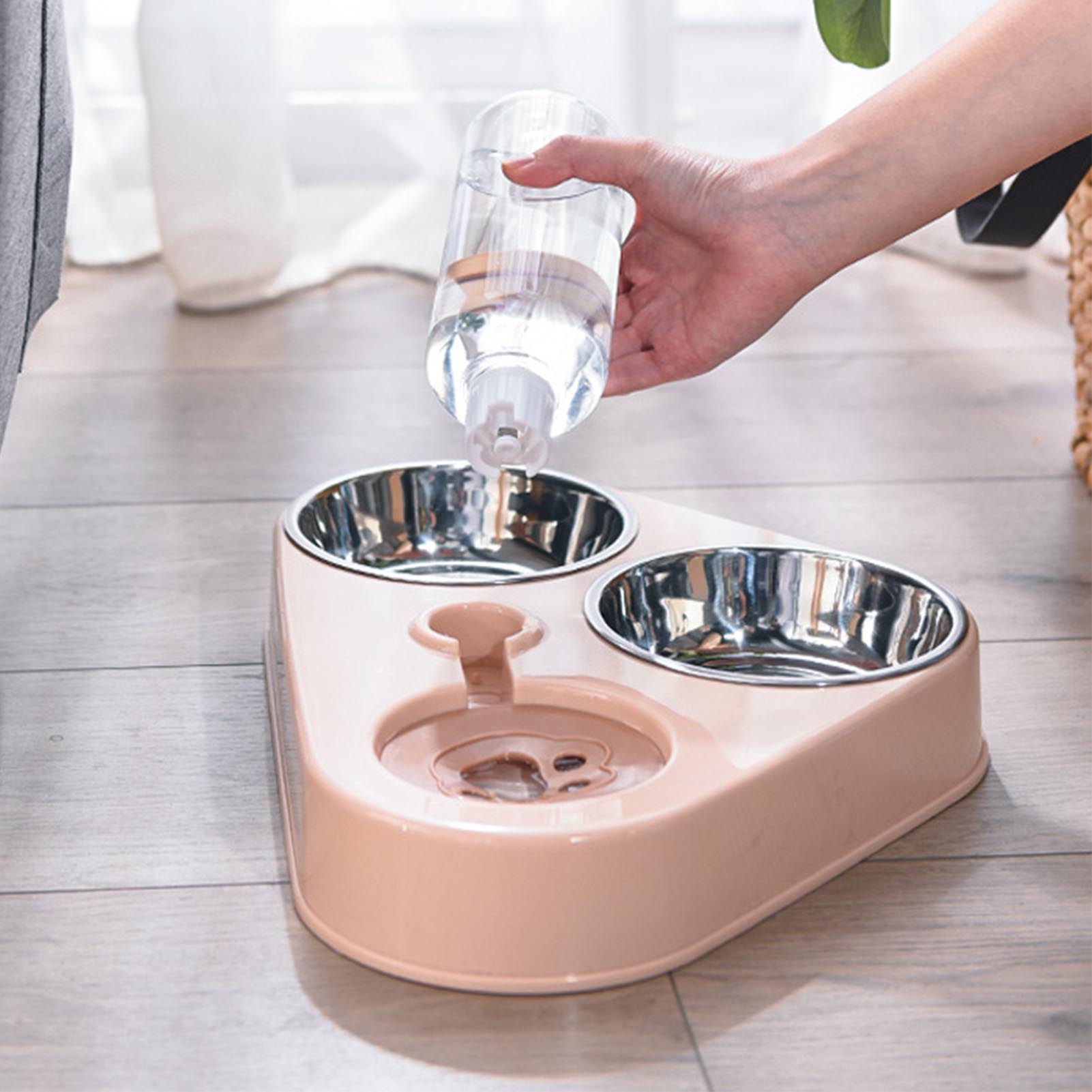 Pet Waterer Bottle Food Bowl Set Prevent Spill Triple Cat Bowls With Automatic Water Bottle For Cat Dog