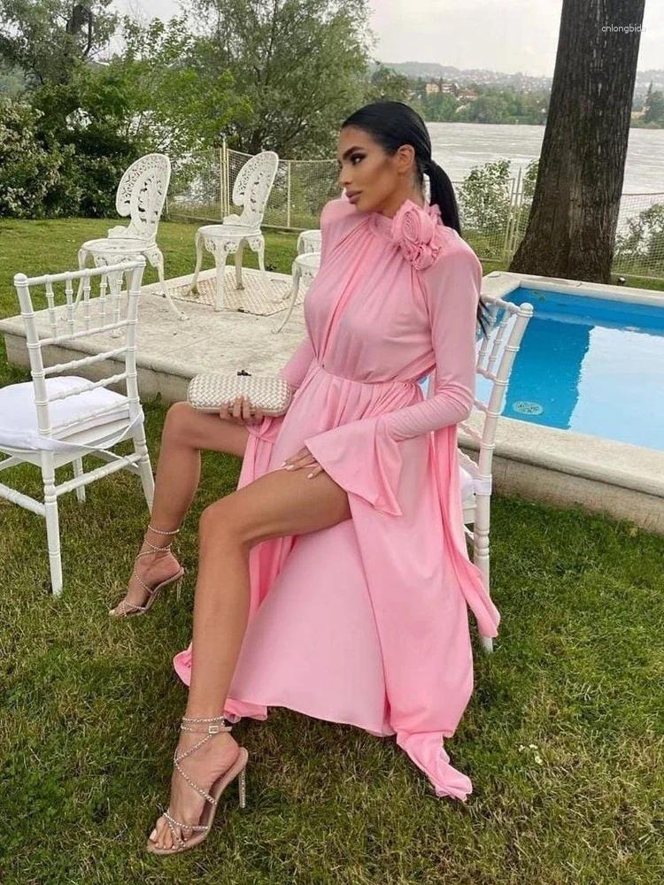 Casual Dresses XIZOU Spliced Appliques Ruched For Women Half High Collar Flare Sleeve Waist Split Thigh Solid Dress Female Cloth