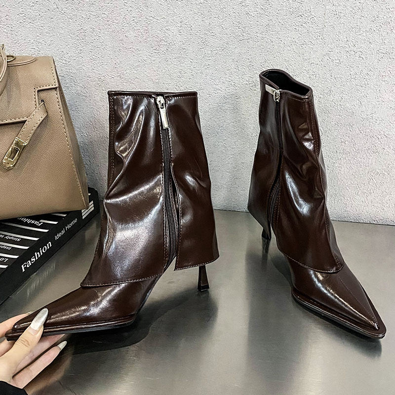 Designer Pleated Shoes Thin Heel Women Ankle Modern Boots Zippers Female Fashion Pointed Toe Footwear Ladies Short Booties Pumps