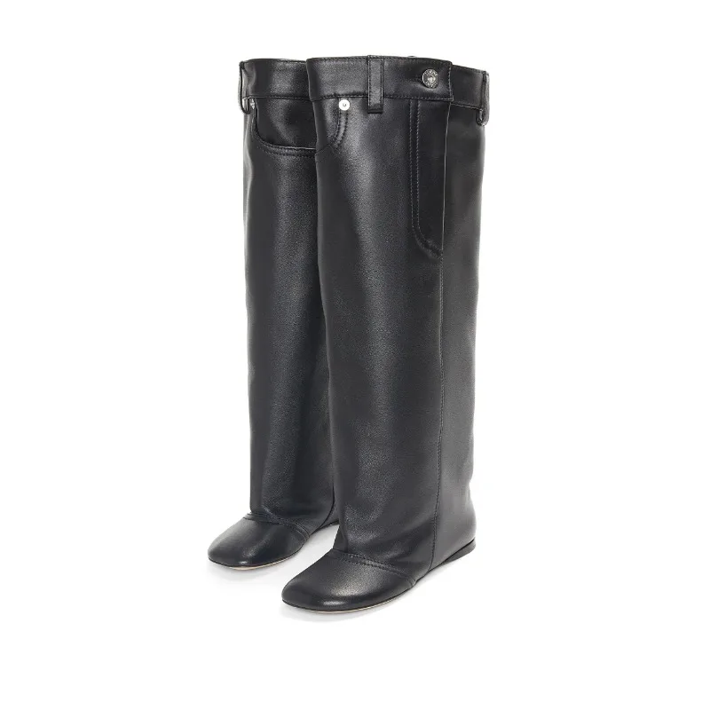 Black Belt Design Pleated Lazy Knee 2023 New Women's European and American Style High Heels Fashion Boots Size 34-43