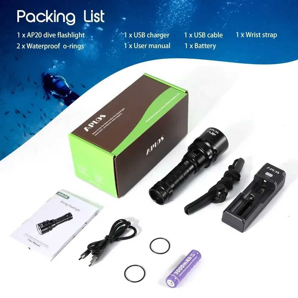 APLOS AP20 diving flashlight 2000 lumens scuba diving flashlight IPX8 waterproof underwater flashlight with rechargeable battery charger W240902W24090