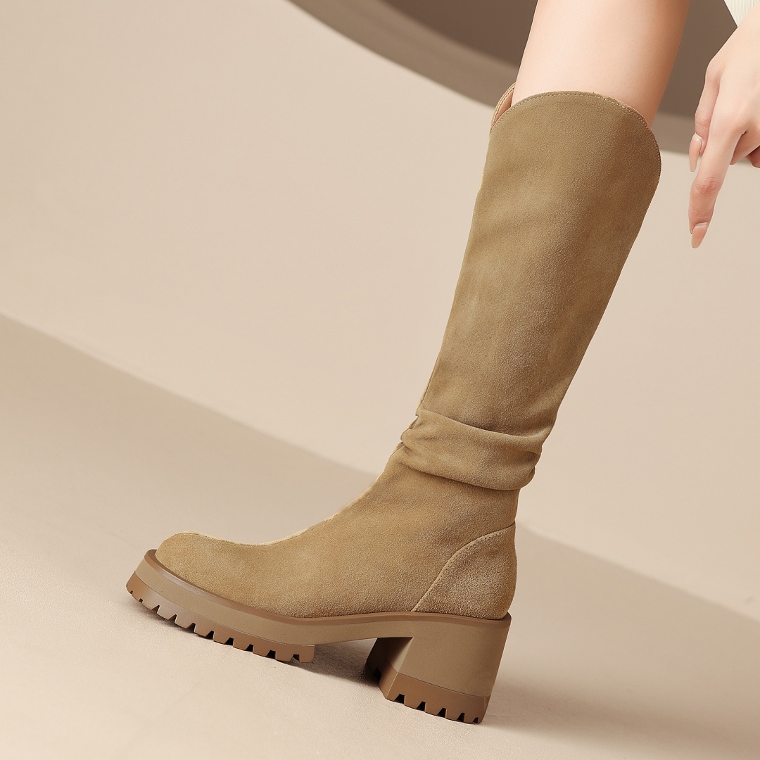 natural Women's suede Easter chunky heel platform pleated slip-on autumn knee knight high quality long boots shoes 80d0