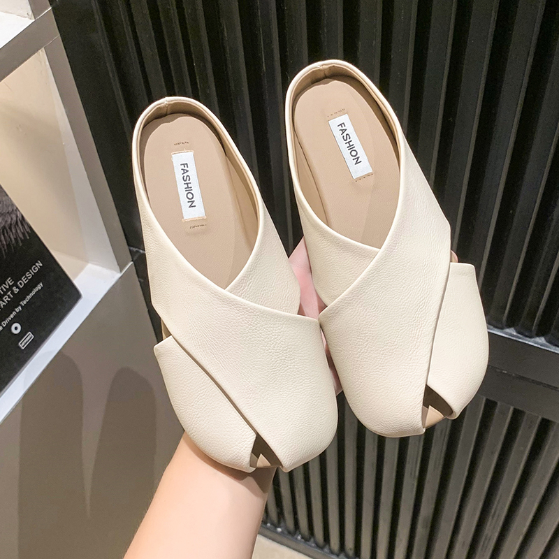 Rubber Loafers Slippers New Cover Toe Slides Slipers Women 2024 Summer Basic PU Rome Fabric Flat Shoes Female Ladies' Sli f89f