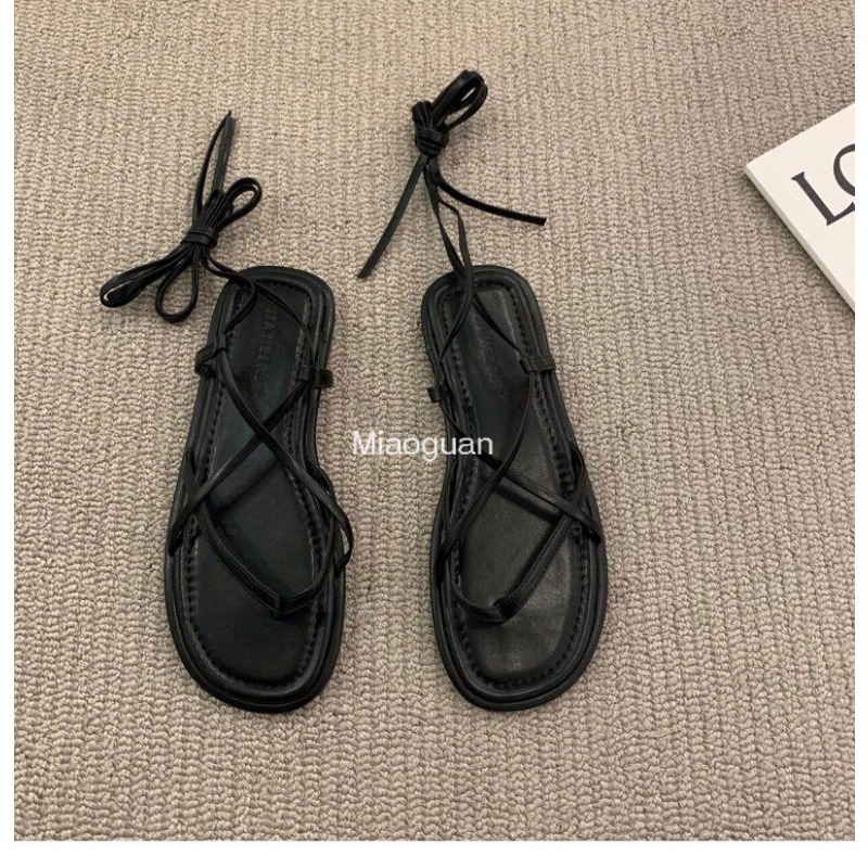 Korean Version 2024 New Summer Flat Lace-up Sandals Women's Shoes French Retro Lace-up Roman Shoes Sandal Round Head Non-slip PU