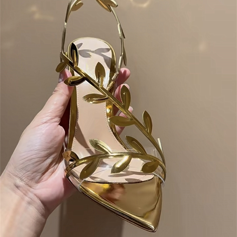 2024 Summer New Metal Patent Leather Women Sandals Stiletto Leaf Open Toe Ladies Shoes Rome Sexy Pointed Zapatos Para Mujeres