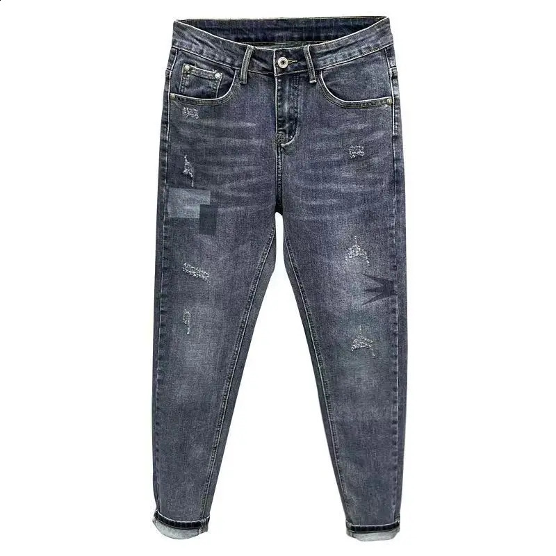 Arrival Fashion Mens Jeans Splicing Cat Whiskers Ripped Scratched Clothing Slim Fit Tapered Legs Slim Jeans 240905