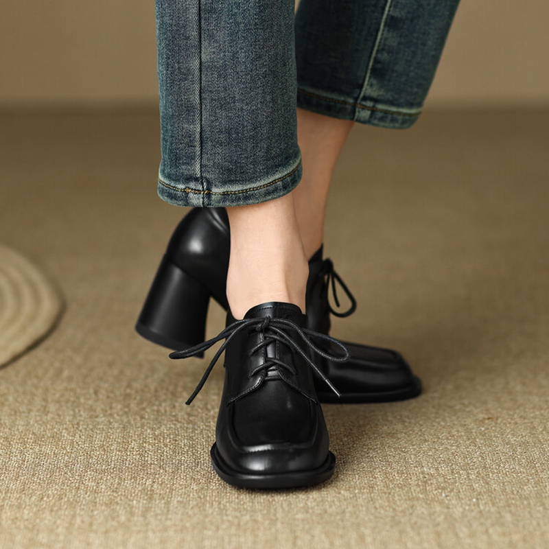 Spring 2023 Loafers Split Leather Pumps Round Toe Square Casual High Heel Women Lace-up New Shoes 0320