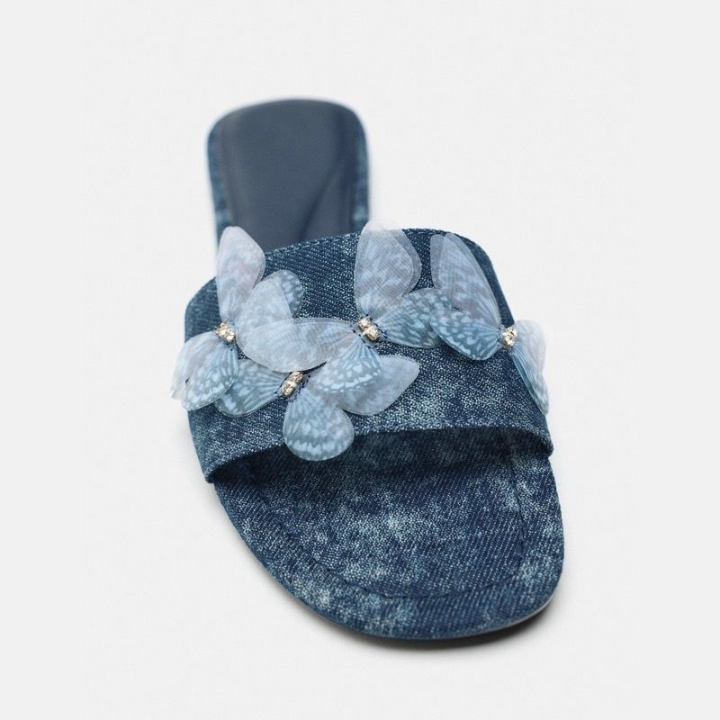2024 Summer Flat Butterfly Decoration Slippers for Women's Fashion Denim Retro Flip ps Casual Beach Shoes Outdoor Slides