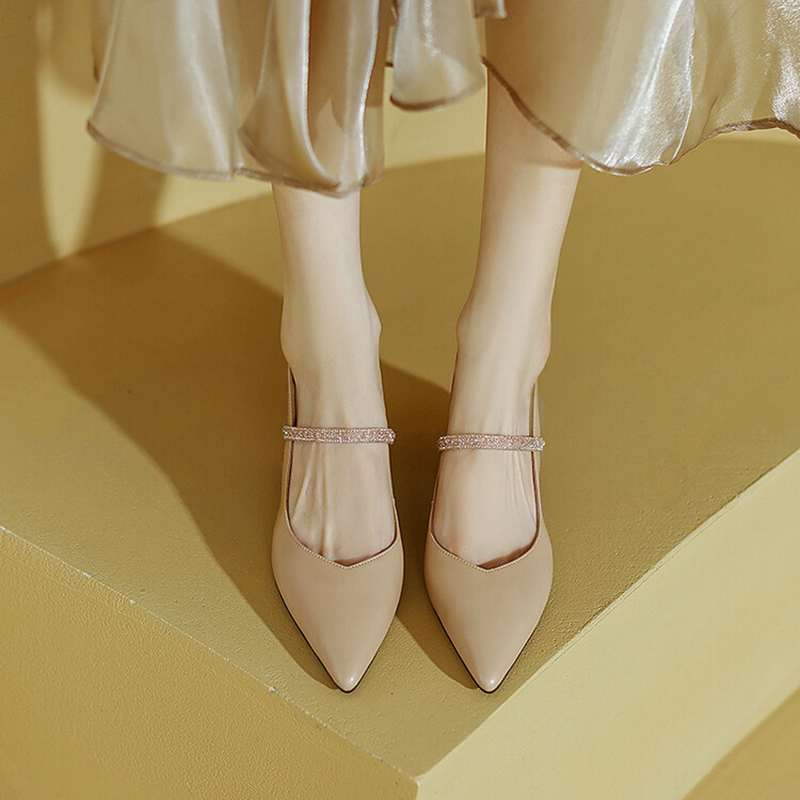 Summer/Spring 2023 Pointed Toe Chunky Heel Sandals Solid Elegant High Heels Sheepskin Women Party New Shoes 262f s