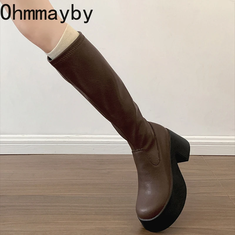 Punk Style Platform Women Knee High Boots Fashion Slip On Thick Heel Shoes Ladies Concise Knight Long Botas De Mujer