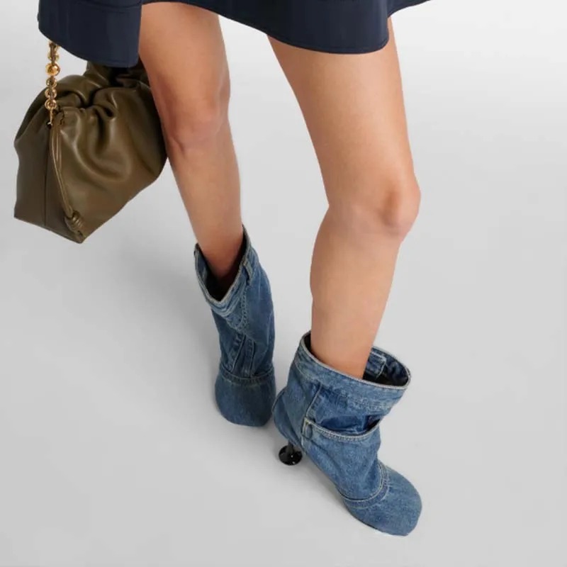 Spring Autumn New Irregular Heel Denim Skirt Edge Trouser Boots European American Women's Sewing High Heels Fashion Short Boots