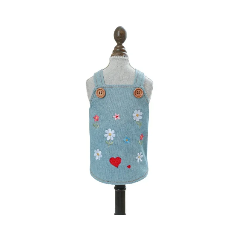 Pet Cowboy Embroidery Small Flower Strap Skirt Dog Cat Clothes Autumn/Winter New Flower Sweetheart Cowboy Skirt