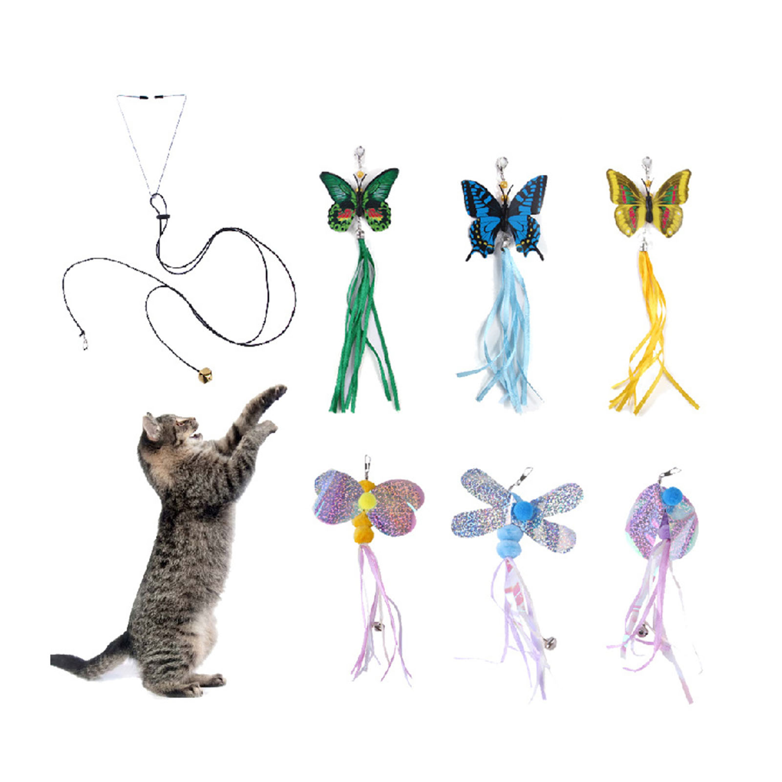 6pcs Hanging Cat Teasing Toy Set Adjustable Elastic Rope Interactive Self Play Cat Toy For Door Frame Cabinet Door