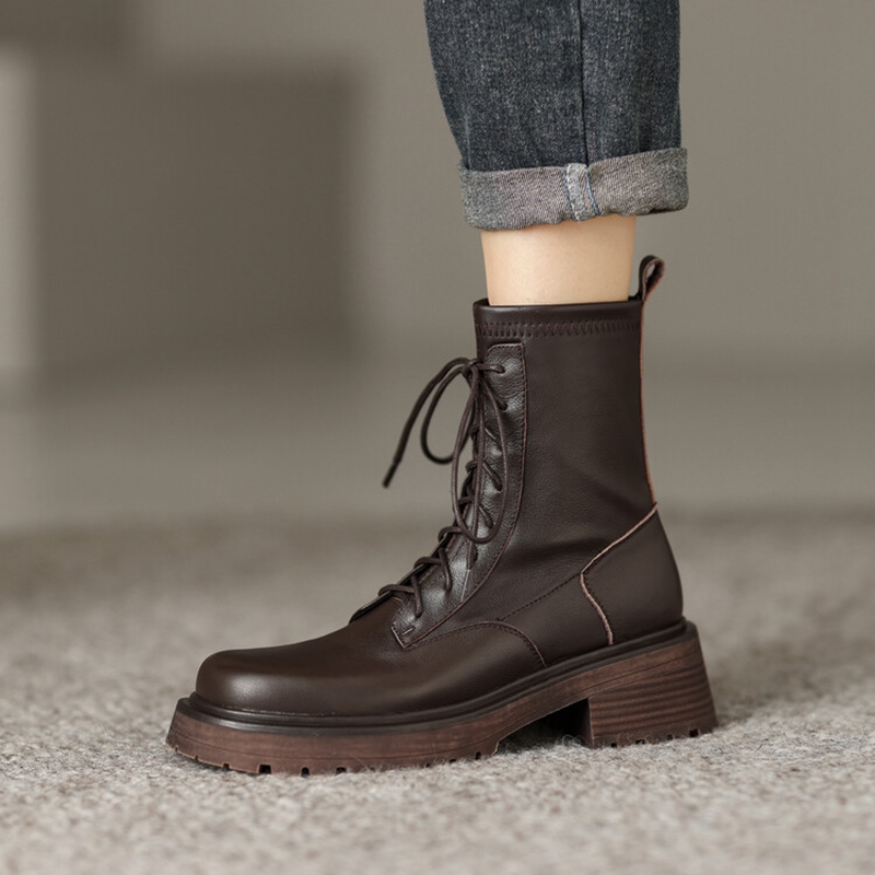 Fall NEW Shoes Stretch Fabric Split Leather Round Toe Chunky Heel for Platform Women Modern Boots 0c02 Platm