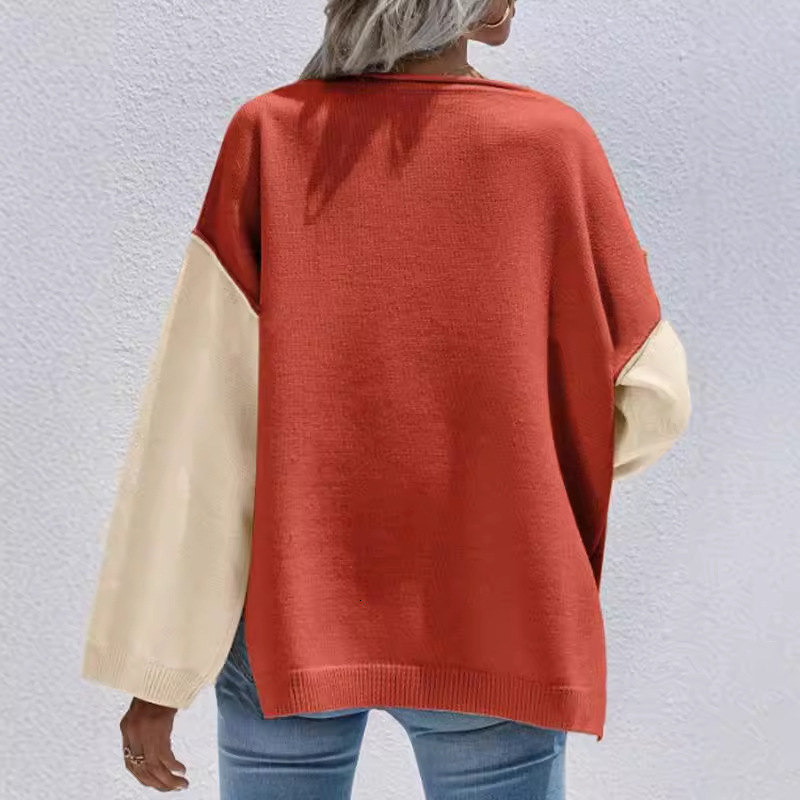 dongdumaoyi New round neck sweater, fashionable color blocked pocket knit top, casual loose knit sweater F0914#52