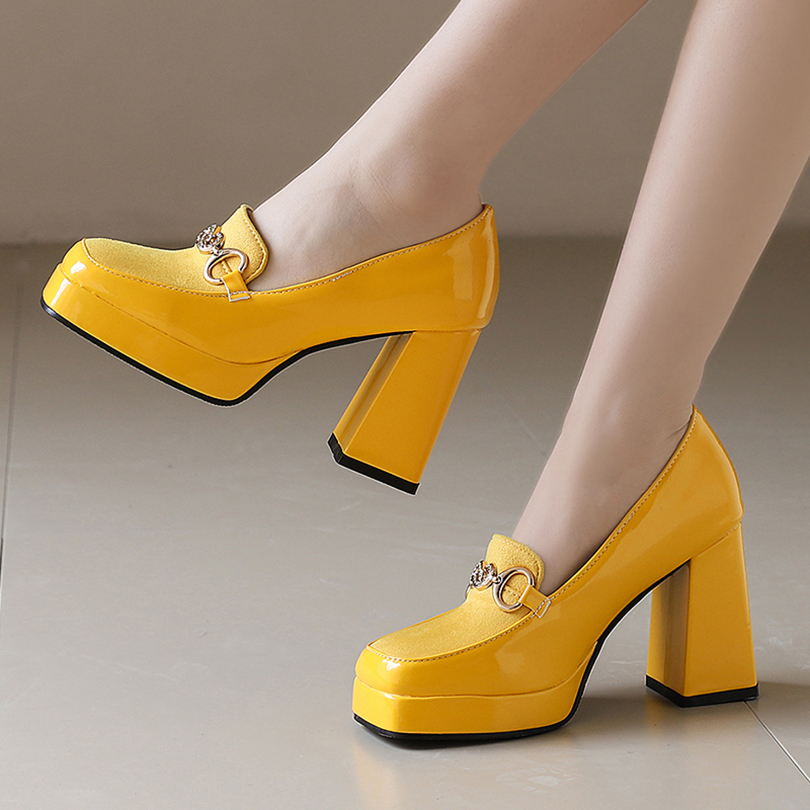 Plus Size Metal Decoration Square Toe Ultra-High Thick Heel Breathable Women's Pumps Platform Patent Leather Loafers